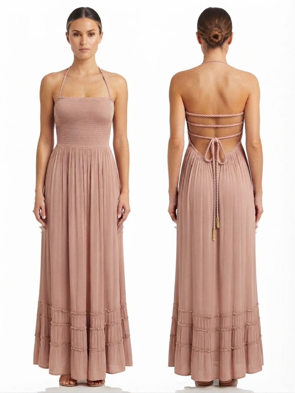 R. Vivimos boho halter smocked bodice maxi  dress size Large.